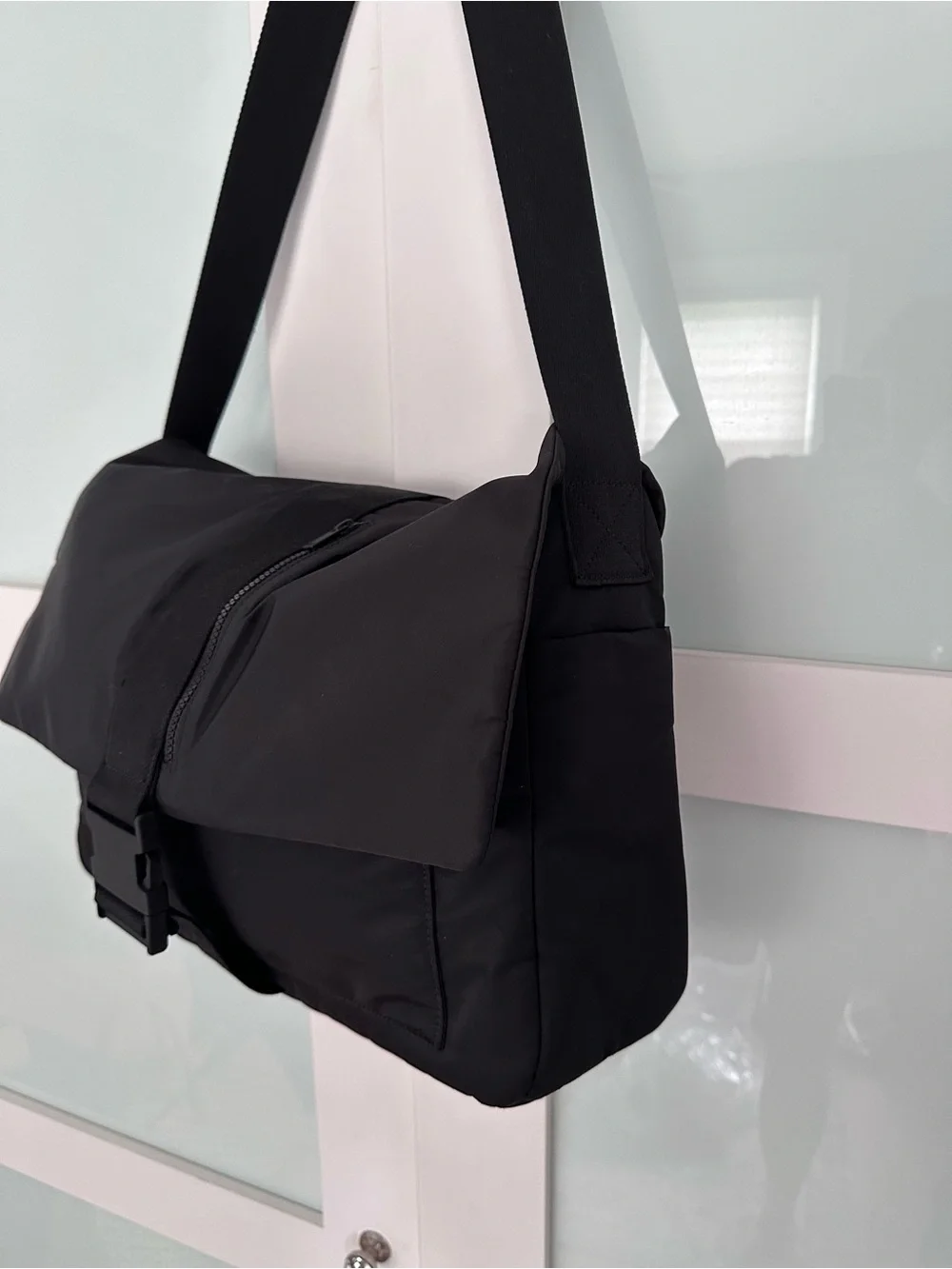 COS Black Nylon Messenger Satchel with Front Buckle